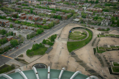 High angle view of street amidst buildings in city