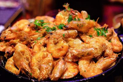 Close-up of food served on table