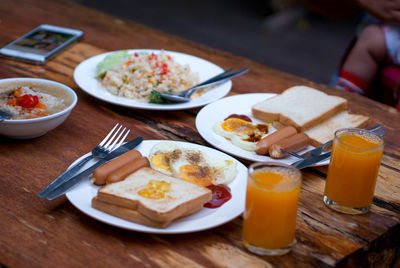 High angle view of breakfast served on table