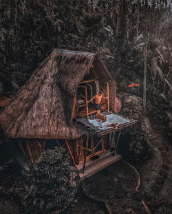 Abandoned wooden structure against trees in forest