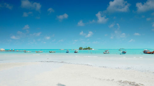 Scenic view of beach against blue sky