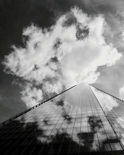 Low angle view of modern building against cloudy sky