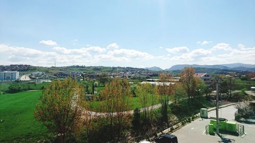High angle view of residential district against sky