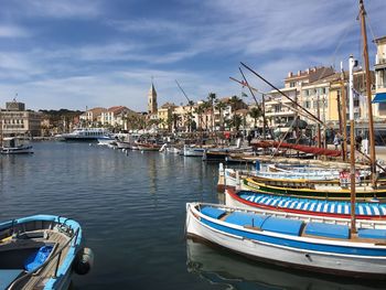 Boats moored in harbor