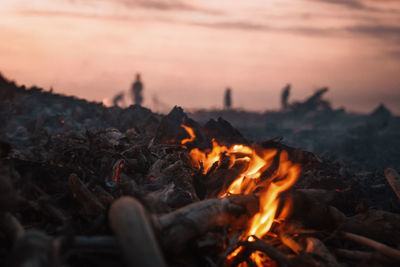 Close-up of bonfire at sunset