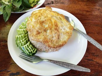 High angle view of breakfast served on table