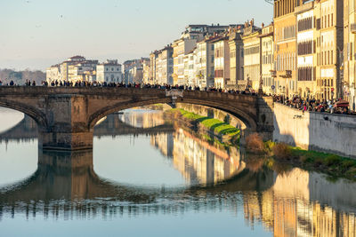 Bridge over river by buildings against sky in city