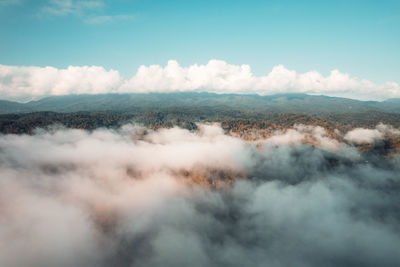 Aerial view of clouds over landscape against sky