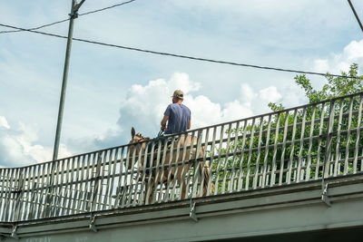 Low angle view of man standing on railing against sky