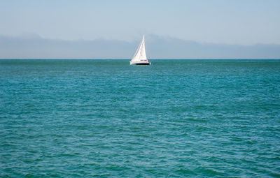 Sailboat sailing on sea against sky