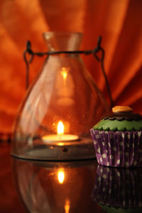 Close-up of illuminated candles on table