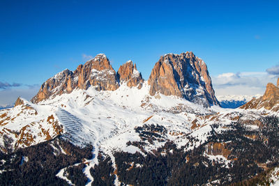 Panoramic view of snowcapped mountains against blue sky