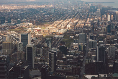 High angle view of modern buildings in city