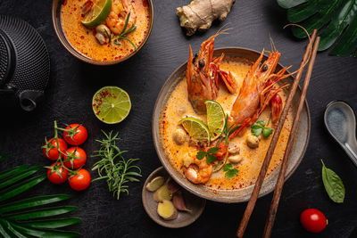 High angle view of food on table