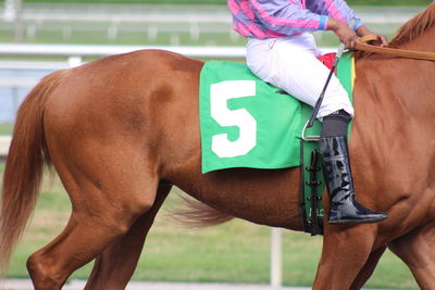 Low section of jockey riding on horse over field