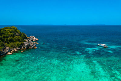 Scenic view of sea against clear blue sky