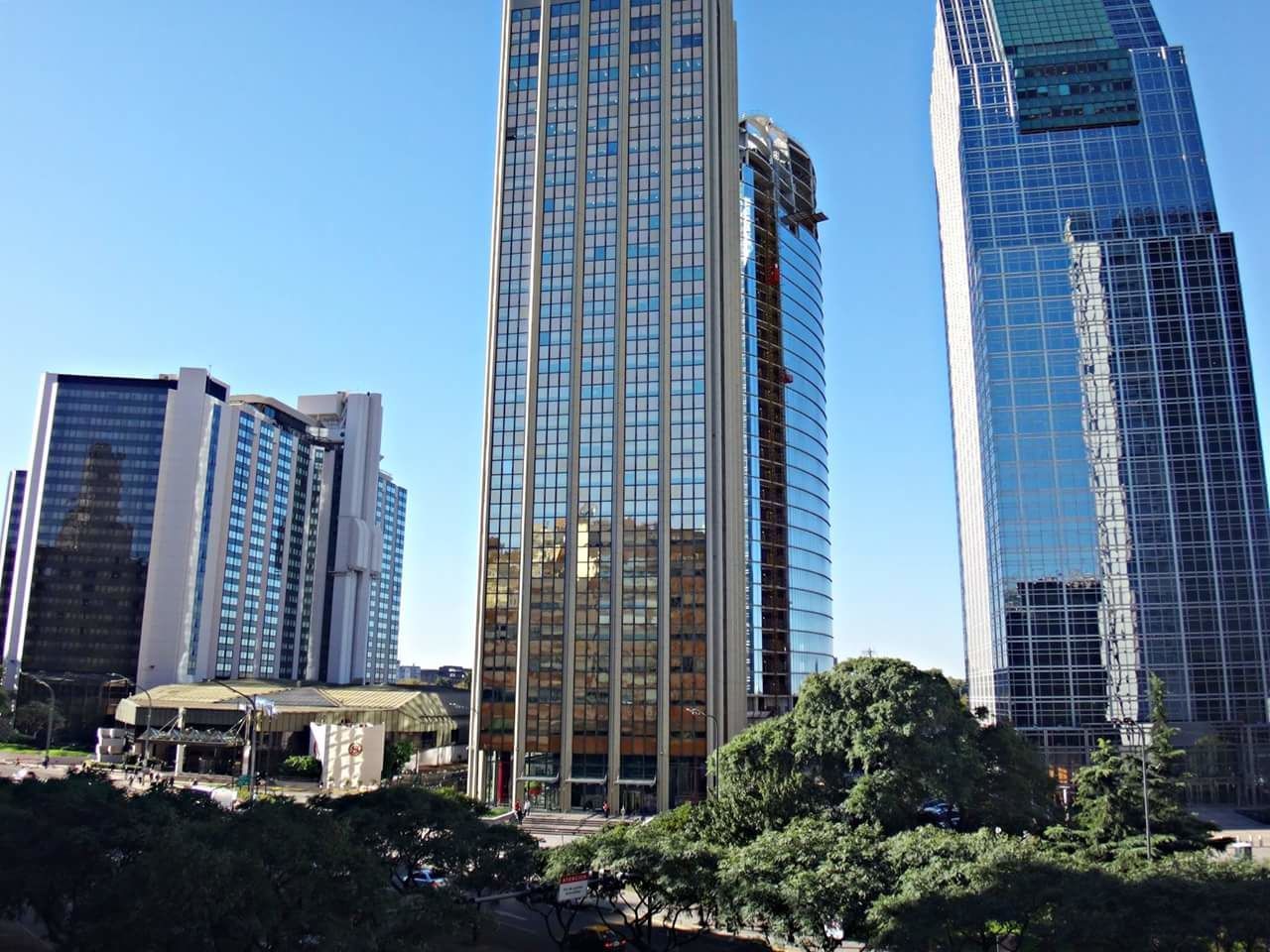 building exterior, architecture, built structure, skyscraper, city, modern, tall - high, office building, tower, clear sky, low angle view, tree, building, financial district, blue, growth, urban skyline, cityscape, tall, glass - material