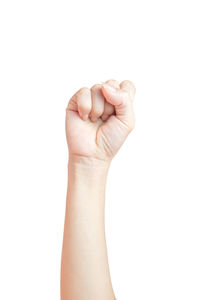 Close-up of human hand against white background