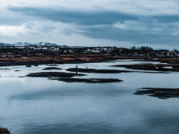 Scenic view of snow covered land against sky