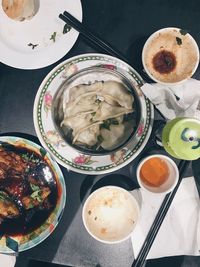 High angle view of food served on table