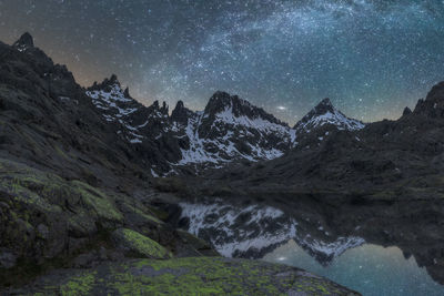 Scenic view of snowcapped mountains against sky at night