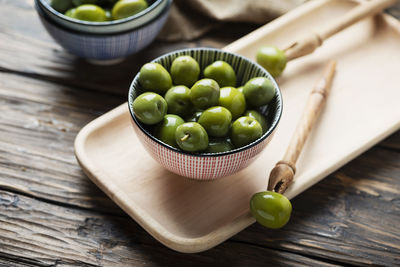 High angle view of fruits in bowl on table