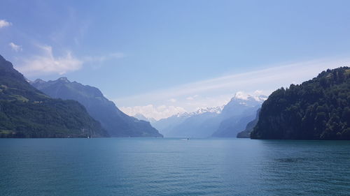 Scenic view of sea and mountains against sky