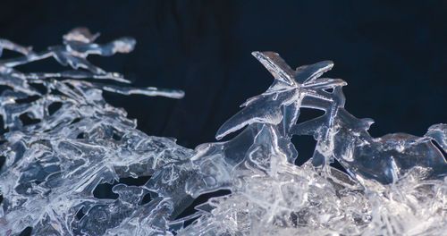 Close-up of frozen river against black background