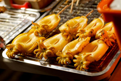 High angle view of sea food on barbecue grill