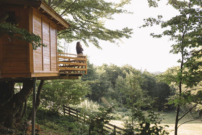 A woman standing on tree house balcony looking landscape
