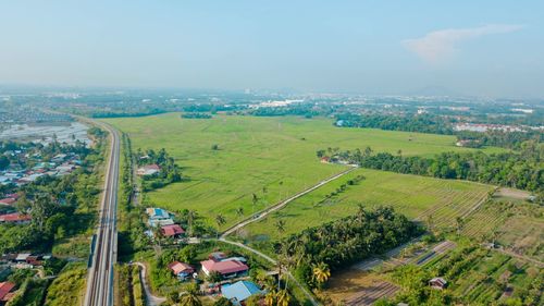 High angle view of agricultural field against sky