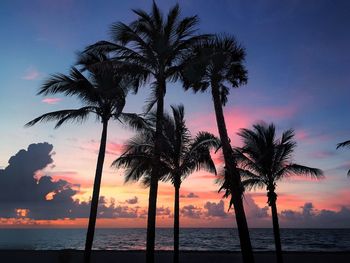 Silhouette palm trees at beach against sky during sunset