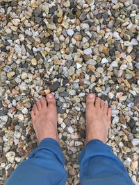 Low section of man standing on cobblestone