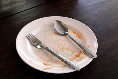 High angle view of ice cream in plate on table