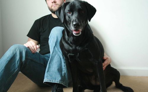 Midsection of man sitting with dog