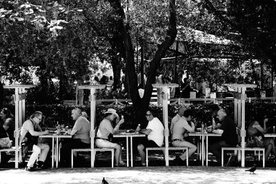 Group of people sitting on table against trees