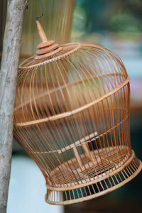 Close-up of cage on wood