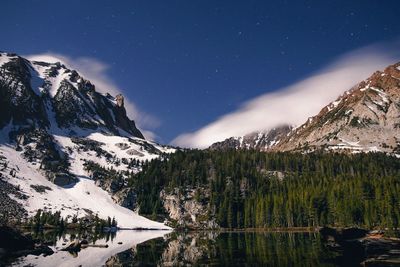 Scenic view of snowcapped mountains against sky at night