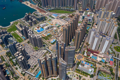 High angle view of modern buildings in city