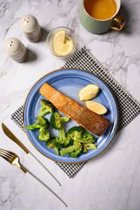 High angle view of breakfast served on table