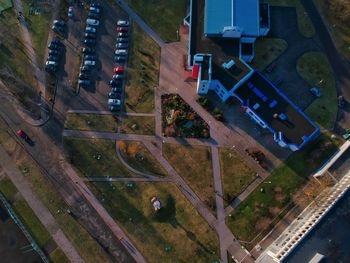 High angle view of street amidst buildings in city