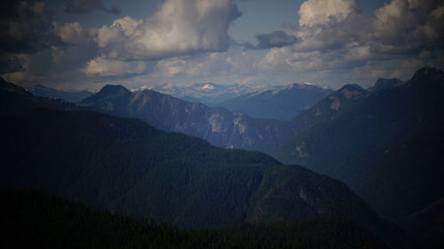 Scenic view of mountains against sky at dusk