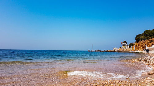 Scenic view of sea against clear blue sky