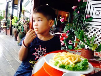 Boy eating food in plate