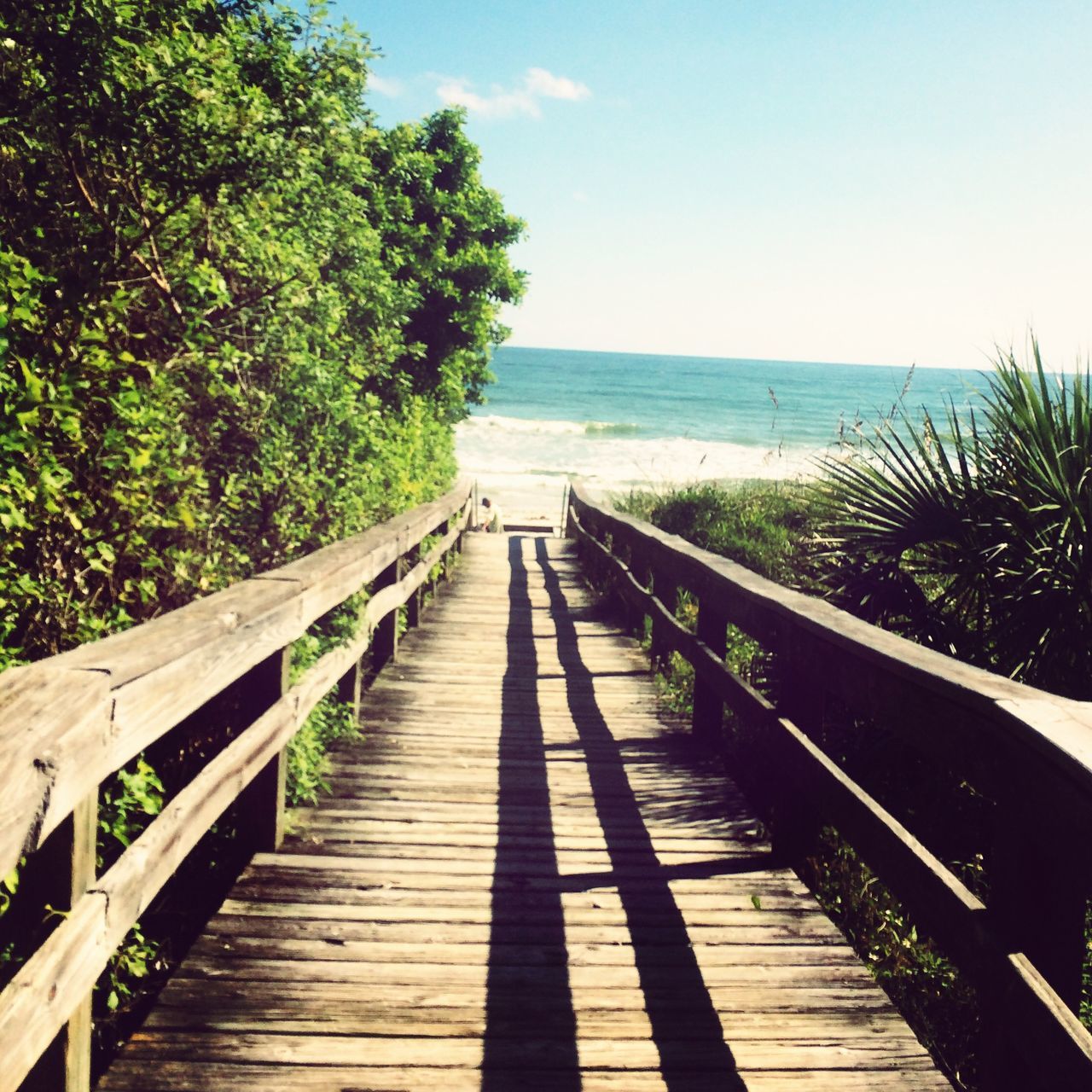 the way forward, sea, water, railing, horizon over water, boardwalk, tranquility, tranquil scene, tree, diminishing perspective, wood - material, sky, pier, scenics, nature, beauty in nature, vanishing point, narrow, wood, long