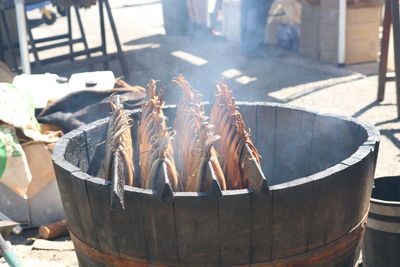 Close-up of food for sale at market stall- arbroath smokies
