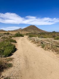 Dirt road amidst landscape against sky