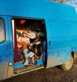 High angle view of people in bus