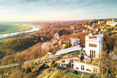 High angle shot of townscape against sky