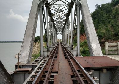 Railroad bridge over river against sky